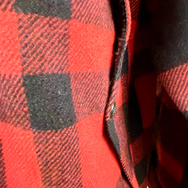 Lower Right Map Pocket View on Vintage Union Made Filson Mackinaw Wool Cruiser Red and Black Buffalo Plaid