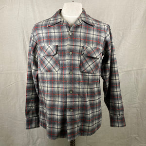 Front View of Vintage Pendleton Grey & Red Plaid Wool Board Shirt SZ M