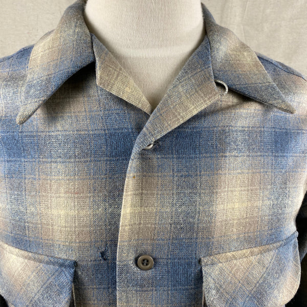 Upper Collar View on Vintage Blue/Tan Pendleton Shadow Plaid Board Shirt SZ M