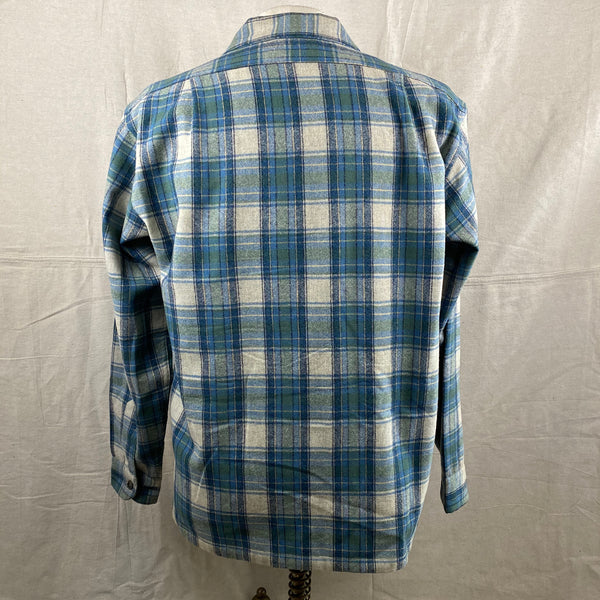 Rear View of Vintage Pendleton Blue/Green Plaid Wool Flannel Shirt SZ L