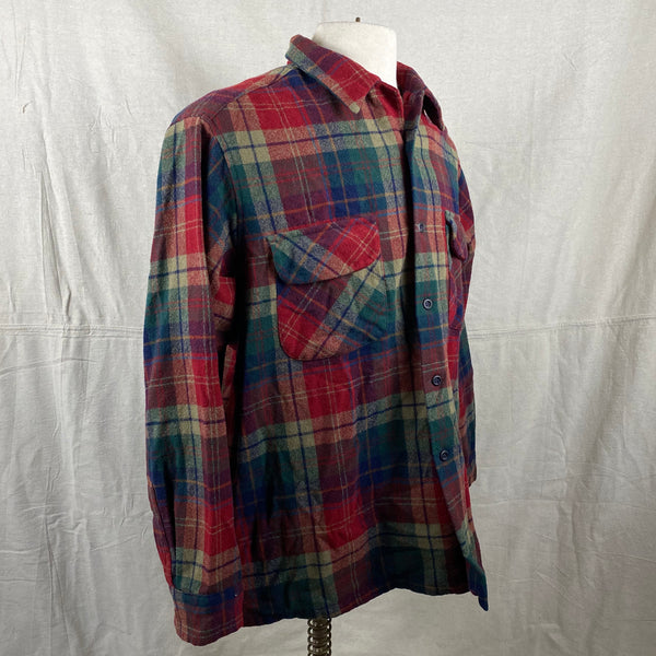 Right Angle View of Pendleton Red Blue & Green Plaid Wool Board Shirt SZ XL