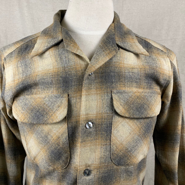 Upper Chest View of Vintage Pendleton Grey & Tan Shadow Plaid Wool Board Shirt SZ S
