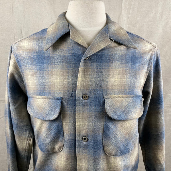 Front Upper View of Vintage Blue/Tan Pendleton Shadow Plaid Board Shirt SZ M