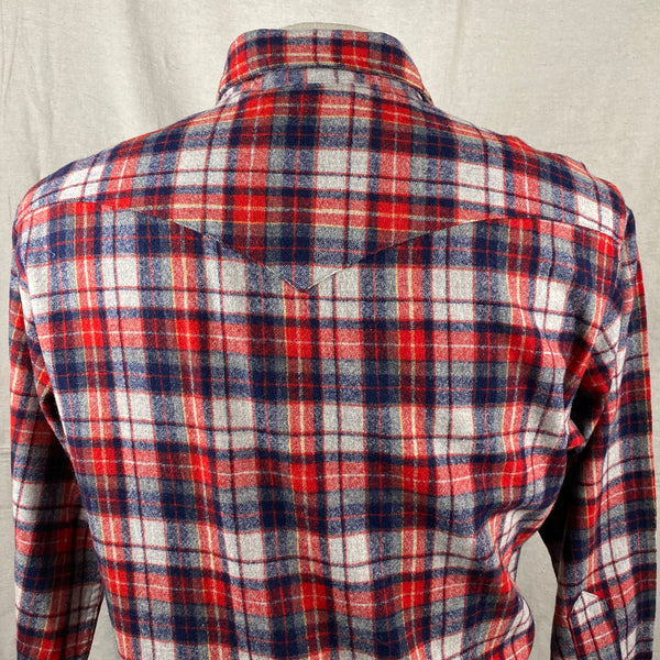 Upper Rear View of Vintage Pendleton Red & Blue Plaid High Grade Western Wear Flannel Shirt SZ L