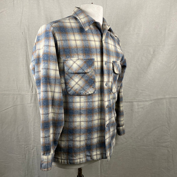 Right Angle View of Vintage Grey and Tan Shadow Plaid Pendleton Board Shirt SZ XL