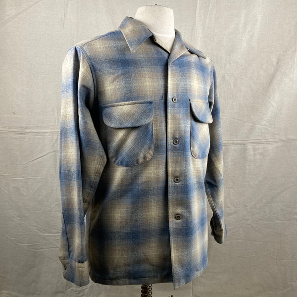 Right Angle View of Vintage Blue/Tan Pendleton Shadow Plaid Board Shirt SZ M