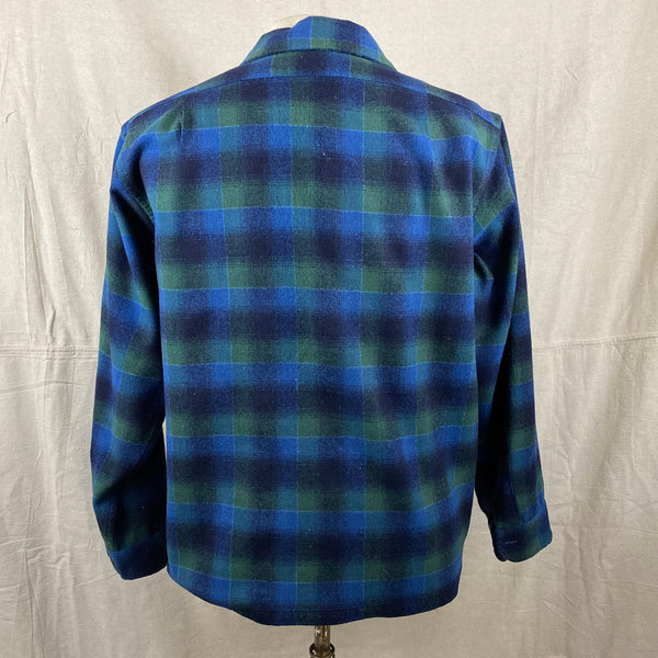 Rear VIew on Vintage Pendleton Blue & Green Shadow Plaid Wool Board Shirt SZ XL