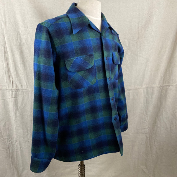 Right Angle View on Vintage Pendleton Blue & Green Shadow Plaid Wool Board Shirt SZ XL