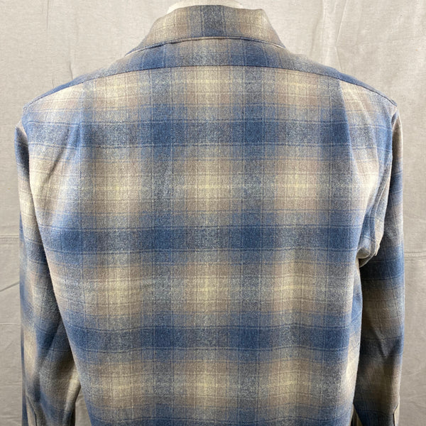 Upper Rear View on Vintage Blue/Tan Pendleton Shadow Plaid Board Shirt SZ M
