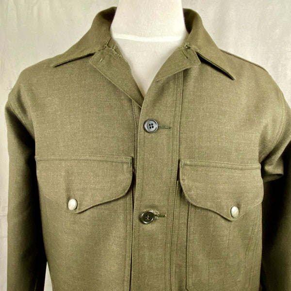Upper Torso View on Vintage Union Made Filson Olive Green Wool Cruiser