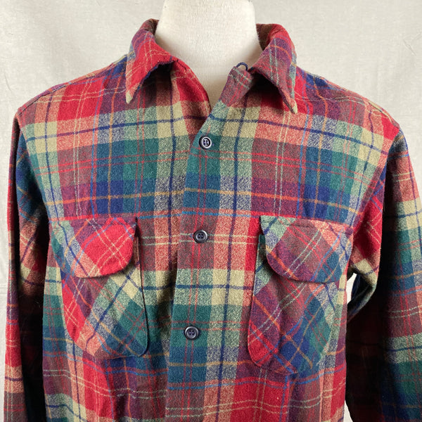 Upper Chest View of Pendleton Red Blue & Green Plaid Wool Board Shirt SZ XL