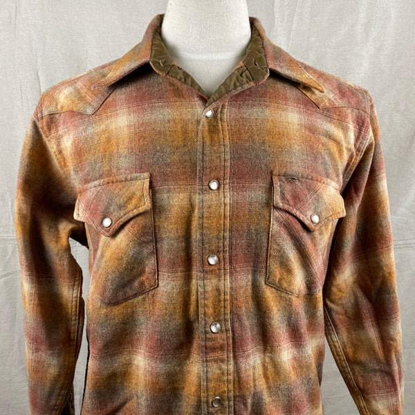 Upper Chest View of Vintage Pendleton Brown/Orange Plaid High Grade Western Wear Flannel Shirt SZ L