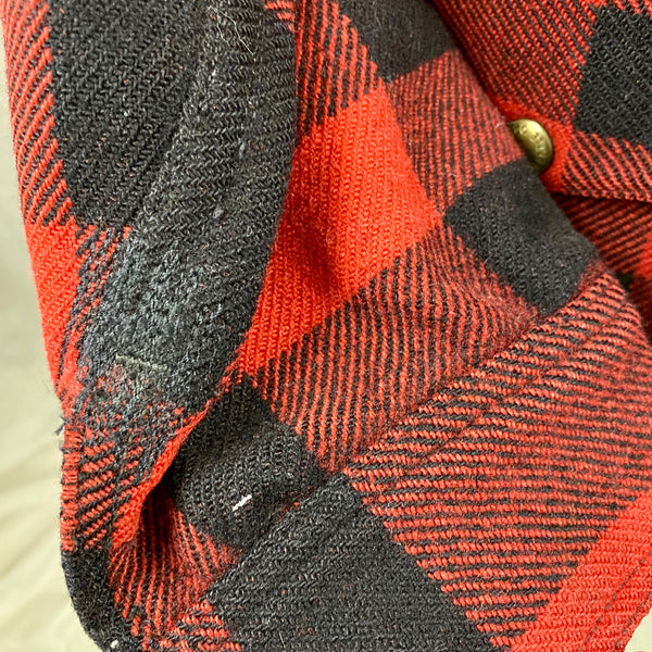 Repairs on Sleeve View on Vintage Union Made Filson Mackinaw Wool Cruiser Red and Black Buffalo Plaid