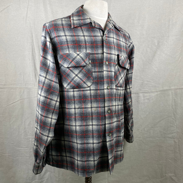 Right Angle View of Vintage Pendleton Grey & Red Plaid Wool Board Shirt SZ M