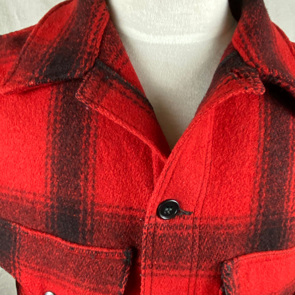 Front Collar View on Vintage Union Made 75% Red Filson Hunter Wool Coat Style 85