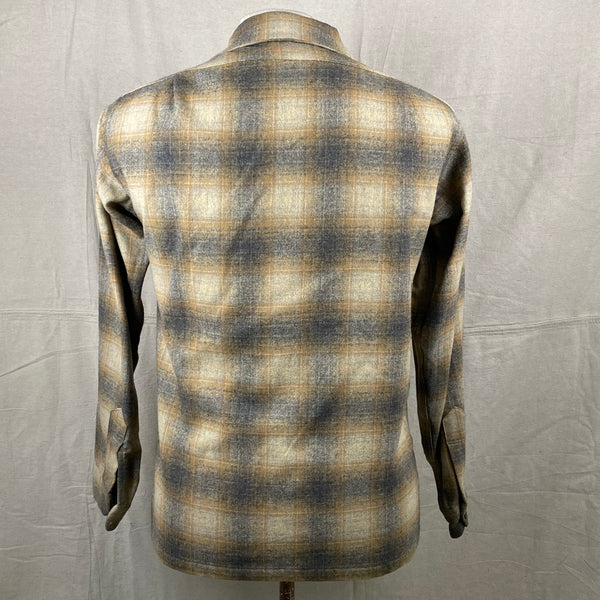 Rear View of Vintage Pendleton Grey & Tan Shadow Plaid Wool Board Shirt SZ S