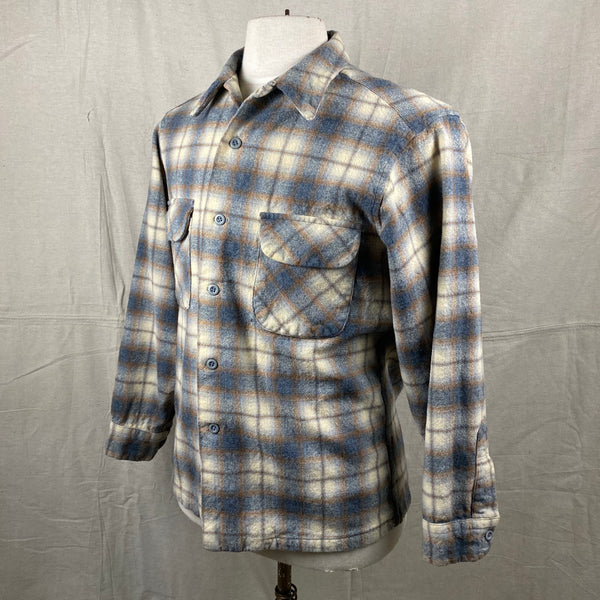 Left Angle View of Vintage Grey and Tan Shadow Plaid Pendleton Board Shirt SZ XL