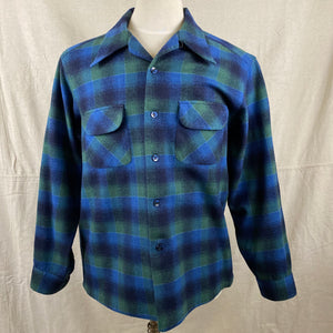 Front View of Vintage Pendleton Blue & Green Shadow Plaid Wool Board Shirt SZ XL