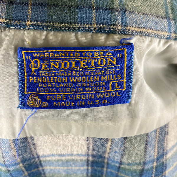 Tag View of Vintage Pendleton Blue/Green Plaid Wool Flannel Shirt SZ L