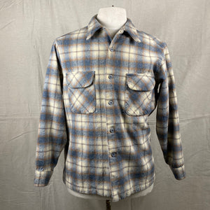 Front View of Vintage Grey and Tan Shadow Plaid Pendleton Board Shirt SZ XL