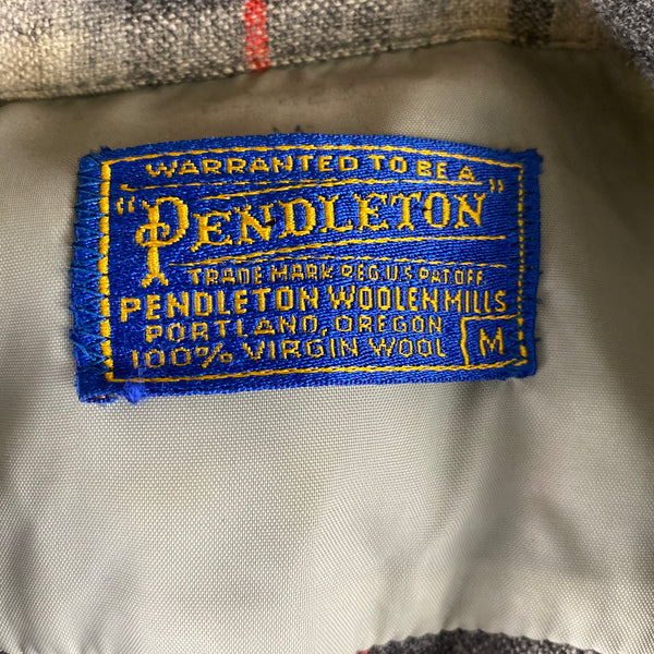 Tag View of Vintage Pendleton Grey & Red Plaid Wool Board Shirt SZ M