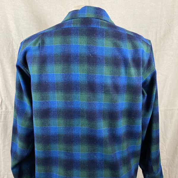 Upper Rear View on Vintage Pendleton Blue & Green Shadow Plaid Wool Board Shirt SZ XL