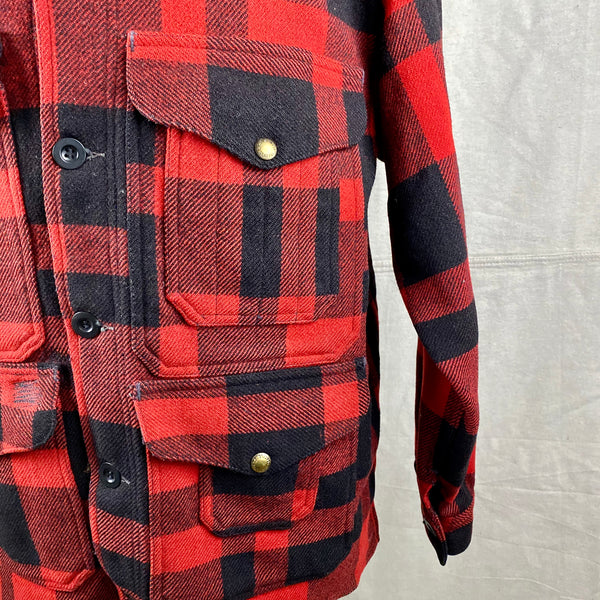 Left Upper and Lower Front Pocket on Vintage Union Made Filson Mackinaw Wool Cruiser Red and Black Buffalo Plaid