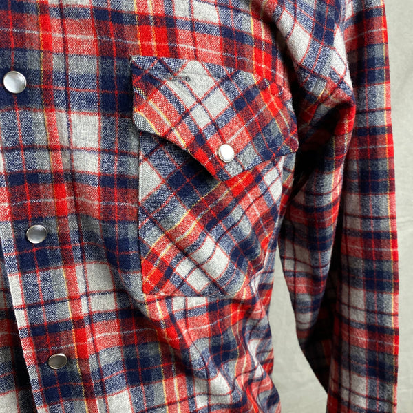 Left Pocket View of Vintage Pendleton Red & Blue Plaid High Grade Western Wear Flannel Shirt SZ L