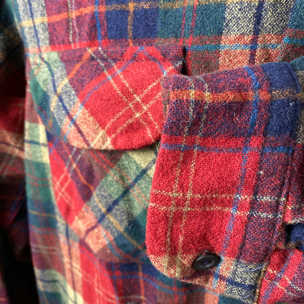 Left Cuff View of Pendleton Red Blue & Green Plaid Wool Board Shirt SZ XL