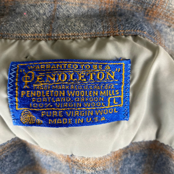 Tag View of Vintage Grey and Tan Shadow Plaid Pendleton Board Shirt SZ XL