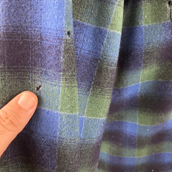 Additional Hole Detail on Vintage Pendleton Blue & Green Shadow Plaid Wool Board Shirt SZ XL