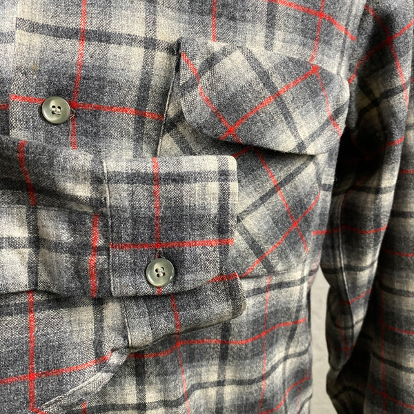 Right Cuff View of Vintage Pendleton Grey & Red Plaid Wool Board Shirt SZ M