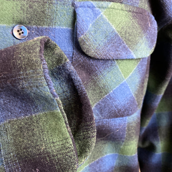 Right Cuff View on Vintage Pendleton Blue & Green Shadow Plaid Wool Board Shirt SZ XL