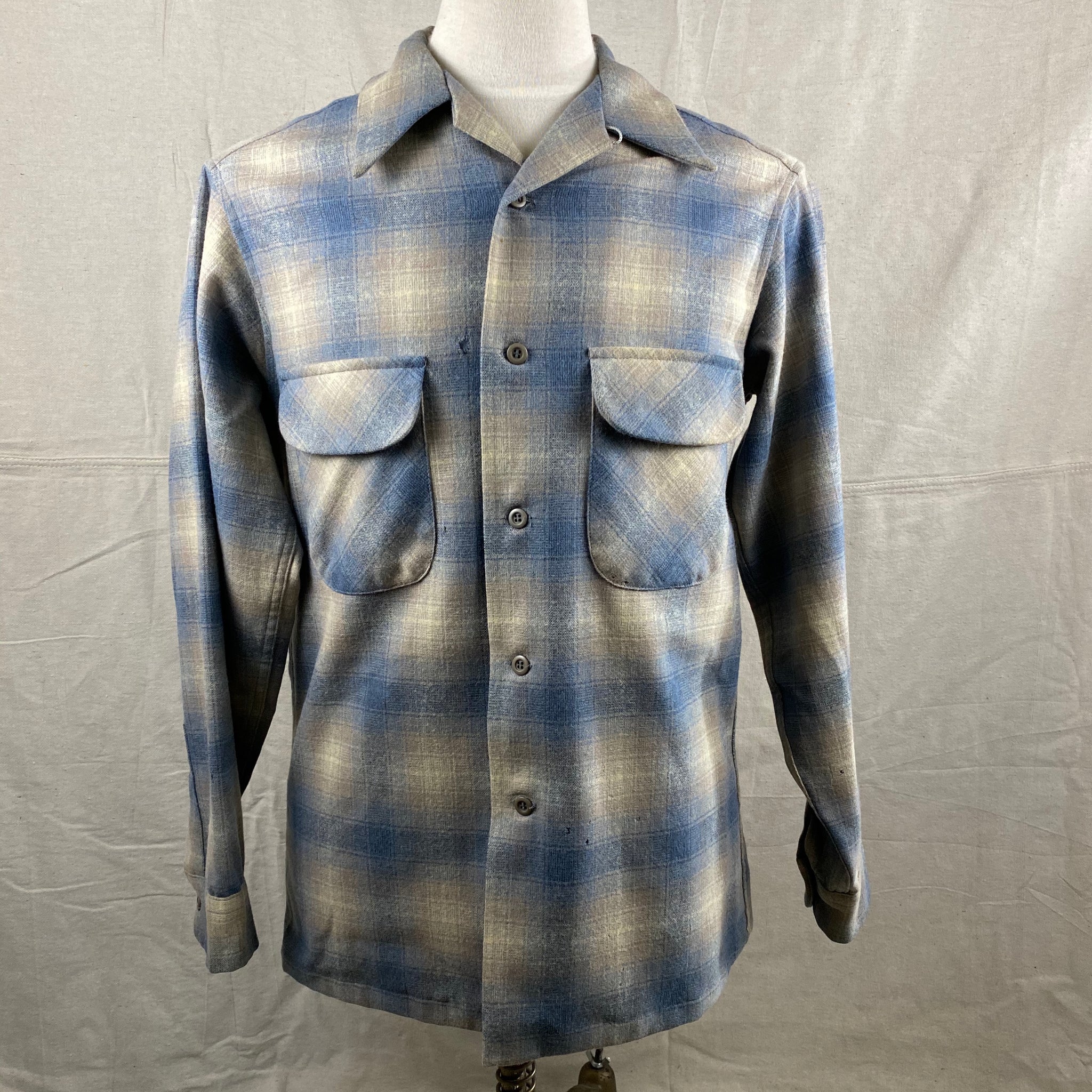 Front View of Vintage Blue/Tan Pendleton Shadow Plaid Board Shirt SZ M