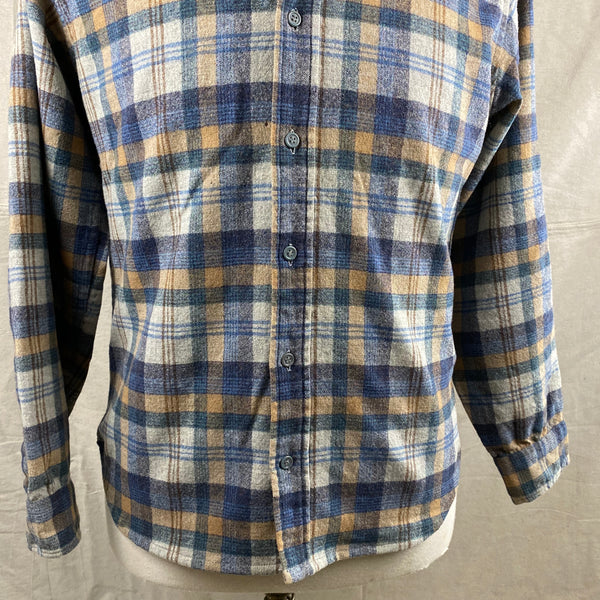 Lower Front View of Vintage Pendleton Blue/Grey Plaid Wool Flannel Shirt SZ M