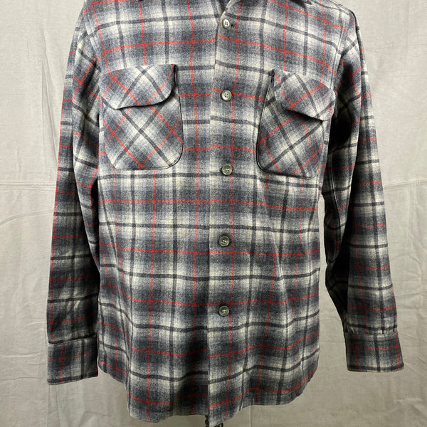 Lower Front View of Vintage Pendleton Grey & Red Plaid Wool Board Shirt SZ M