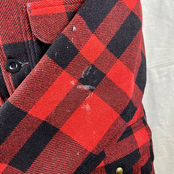 Paint Splatters on Left Sleeve on Vintage Union Made Filson Mackinaw Wool Cruiser Red and Black Buffalo Plaid