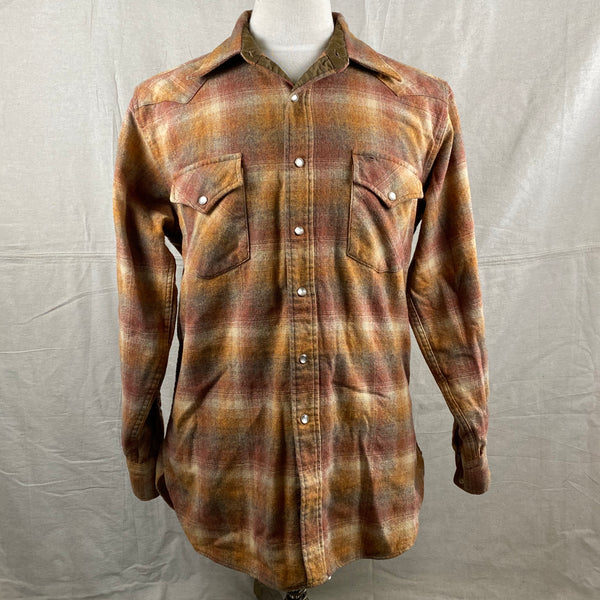 Front View of Vintage Pendleton Brown/Orange Plaid High Grade Western Wear Flannel Shirt SZ L