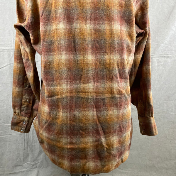 Lower Rear View of Vintage Pendleton Brown/Orange Plaid High Grade Western Wear Flannel Shirt SZ L