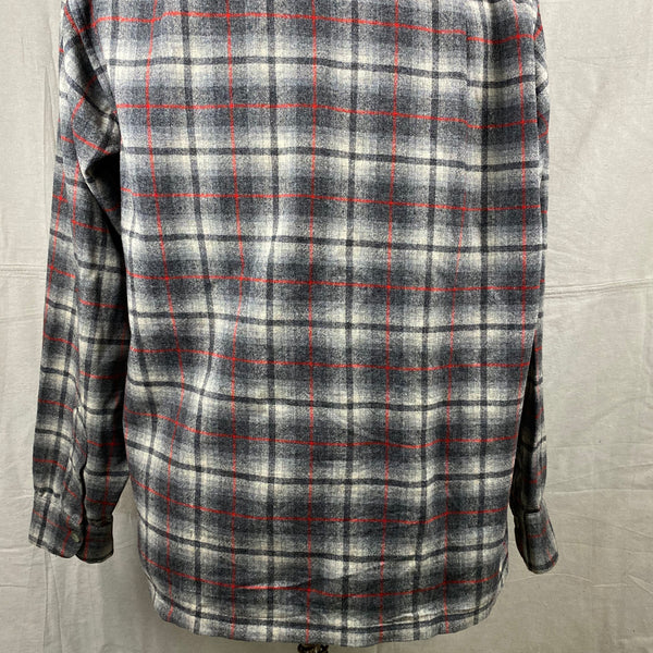 Lower Rear View of Vintage Pendleton Grey & Red Plaid Wool Board Shirt SZ M