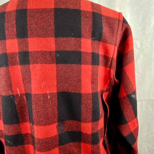 Upper Right Shoulder View on Vintage Union Made Filson Mackinaw Wool Cruiser Red and Black Buffalo Plaid