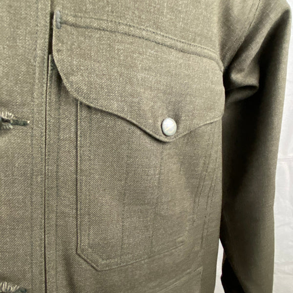 Left Upper Pocket View with Enameled Snaps on Vintage Union Made Filson Olive Green Wool Cruiser