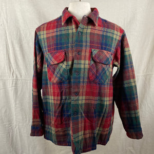 Front View of Pendleton Red Blue & Green Plaid Wool Board Shirt SZ XL