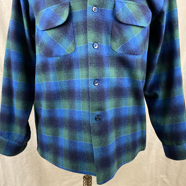 Lower Chest View of Vintage Pendleton Blue & Green Shadow Plaid Wool Board Shirt SZ XL