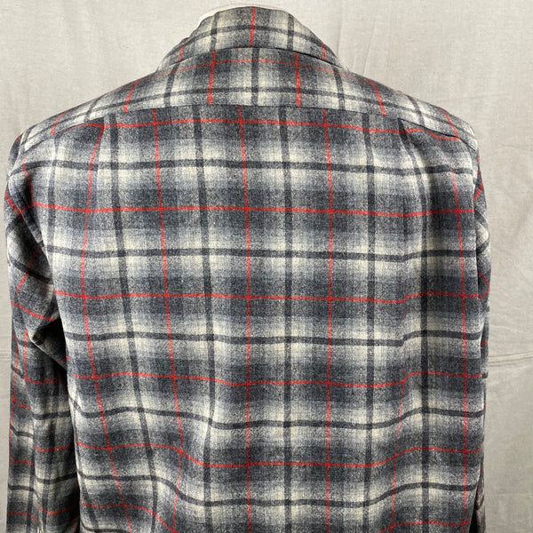 Upper Rear View of Vintage Pendleton Grey & Red Plaid Wool Board Shirt SZ M