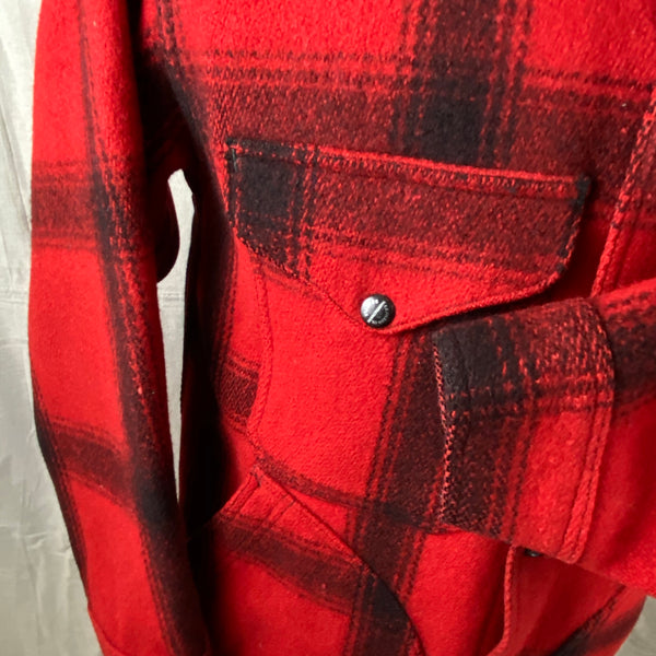 Left Cuff View on Vintage Union Made 75% Red Filson Hunter Wool Coat Style 85