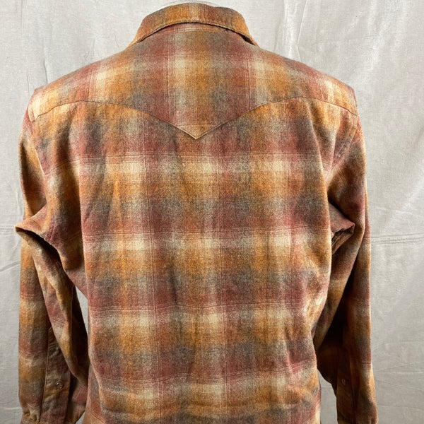 Upper Rear View of Vintage Pendleton Brown/Orange Plaid High Grade Western Wear Flannel Shirt SZ L