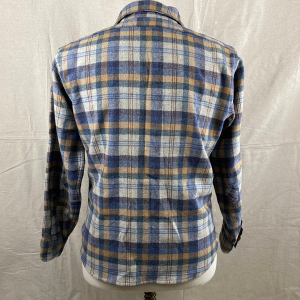 Rear View of Vintage Pendleton Blue/Grey Plaid Wool Flannel Shirt SZ M