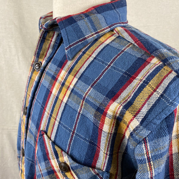Upper Left Shoulder View on Pendleton Blue Yellow Red Trail Shirt Wool Flannel Shirt SZ M
