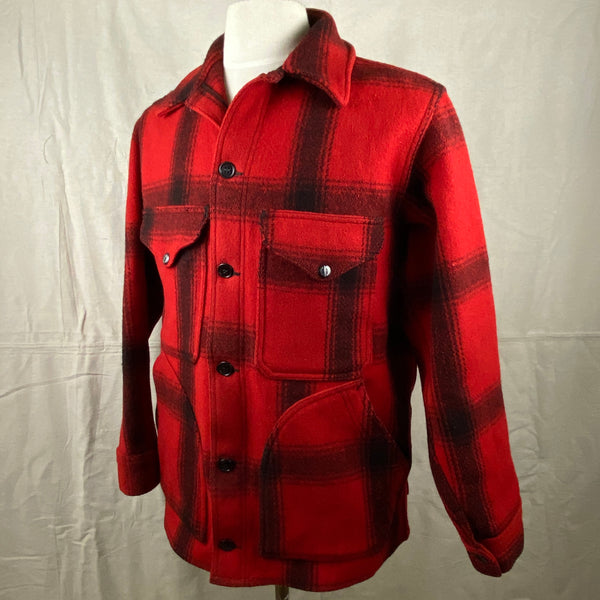 Left Angle View of Vintage Union Made 75% Red Filson Hunter Wool Coat Style 85